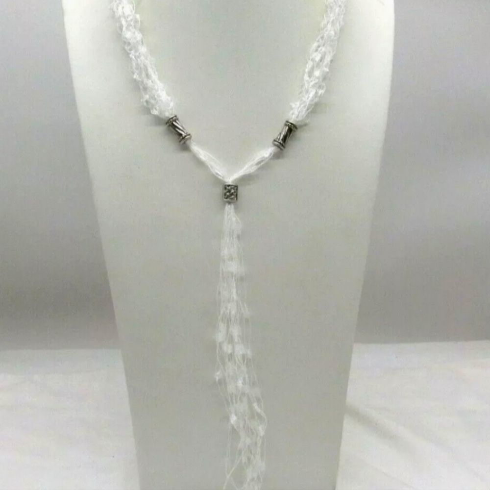 GORGEOUS White Crocheted Lariat Style Necklace w/ Silver Charm Bead Accents